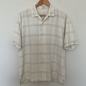 Tommy Bahama Mens Sz M 100% Silk Short Sleeve Camp Shirt Ivory Blue Plaid Preppy